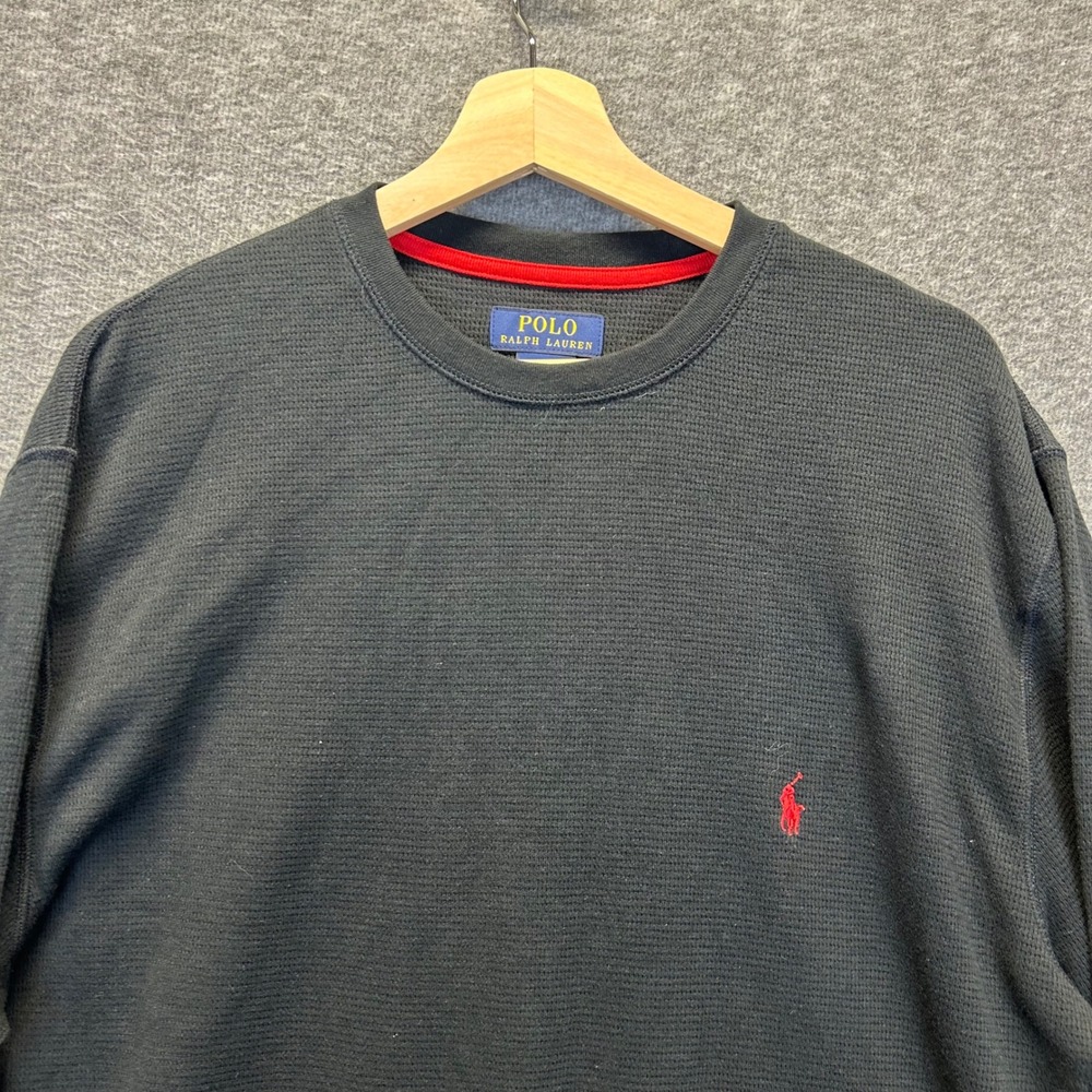 Polo Ralph Lauren Mens 1XT Black Waffle Knit Thermal Long Sleeve Shirt Red Pony